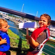 Taylor kids in life preservers in Cap Sante Marina Anacortes