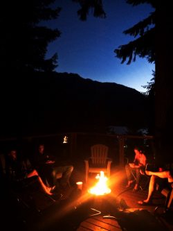 Campfire on deck at VRBO Lake Cushman Family Reunion 1