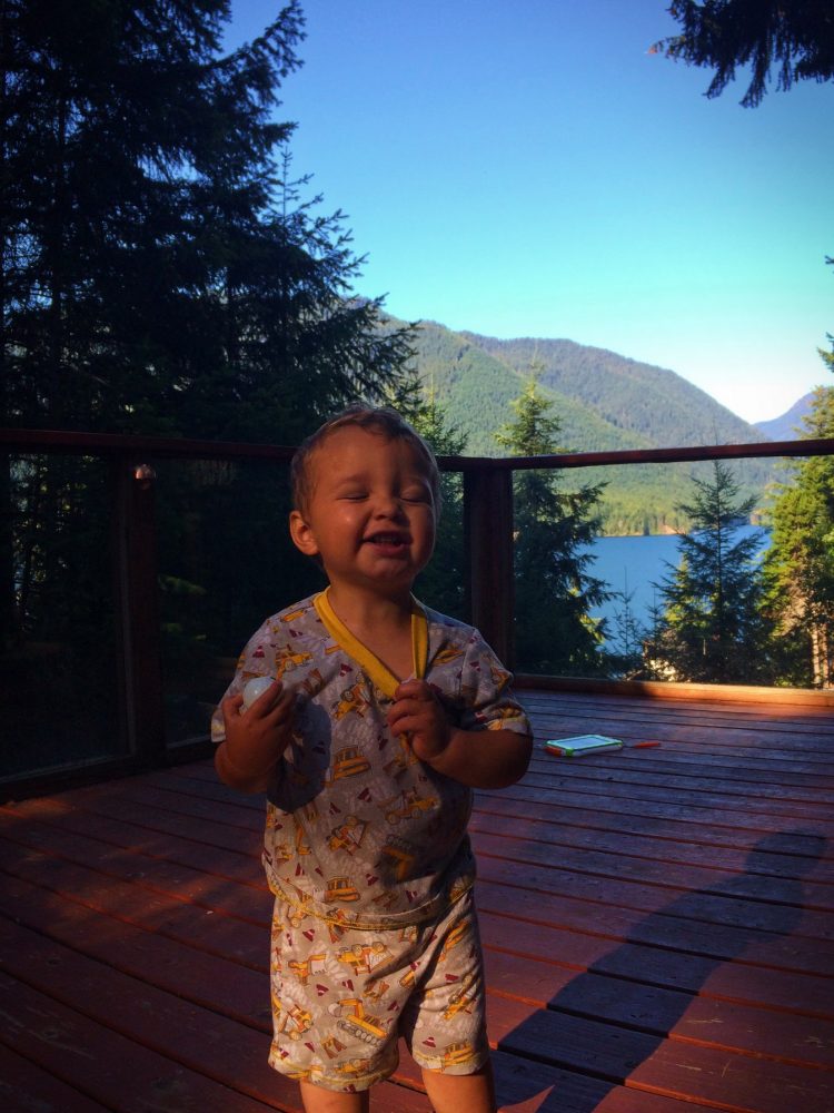 TinyMan on deck at VRBO family reunion at Lake Cushman Olympic