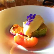 Matcha olive oil cake with plums Pretty Fork Destination Dining Inn at Ships Bay Orcas Island 1