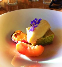 Matcha olive oil cake with plums Pretty Fork Destination Dining Inn at Ships Bay Orcas Island 1