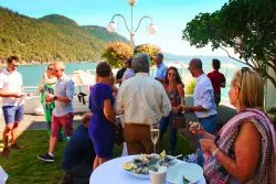 Pretty Fork Destination Dining guests with Oysters Rosario Resort Orcas Island