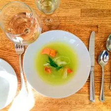 Smoked salmon melon cold soup Destination Dining Pretty Fork Inn at Ships Bay Orcas Island 1