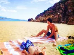 Chris Taylor and LittleMan on beach in Cabo San Lucas