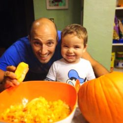 Rob Taylor and LIttle Man first time carving pumpkin Fall Traditions