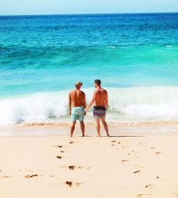 Chris and Rob Taylor on beach while using a timeshare at Playa Grande Cabo San Lucas