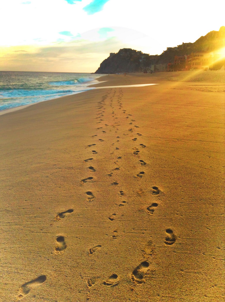 Family footprints on beach using a timeshare at Playa Grande Cabo San Lucas