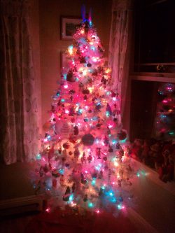 Fully Decorated white fake Christmas Tree