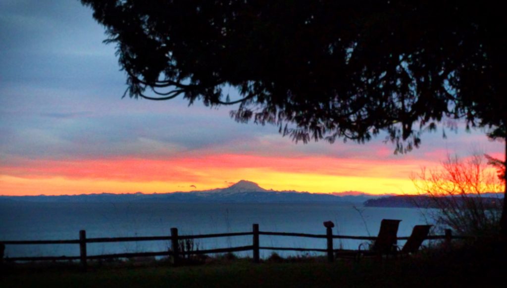 Sunrise with Mt Baker over Straight of Juan de Fuca from Domaine Madeleine 1