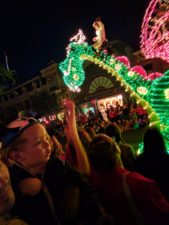 Taylor Family and Petes Dragon float Main Street Electrical Parade Disneyland at night 2