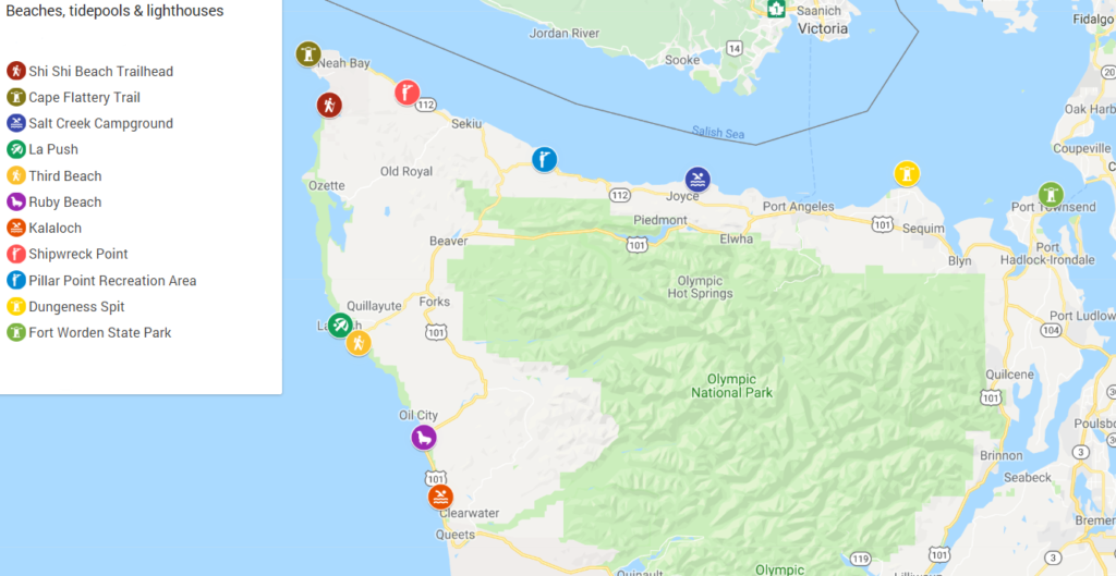 Map of Olympic Peninsula Beaches, tide pools and lighthouses