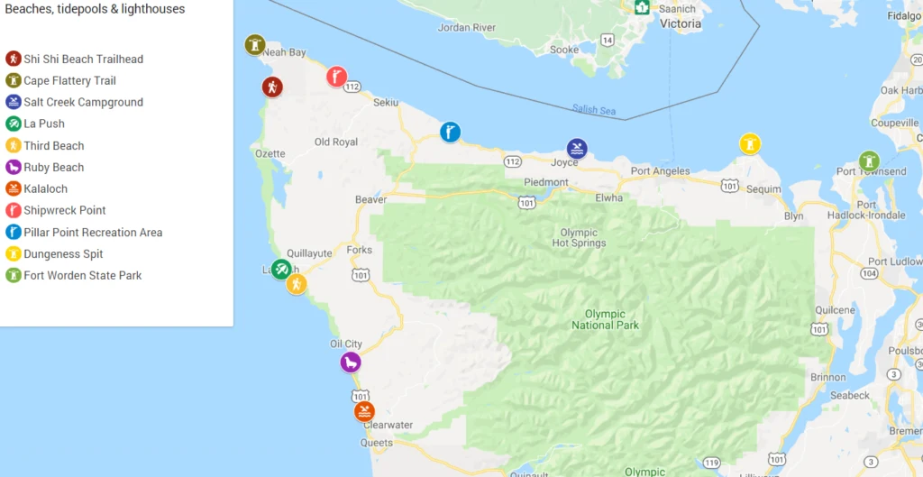 Map of Olympic Peninsula Beaches, tide pools and lighthouses
