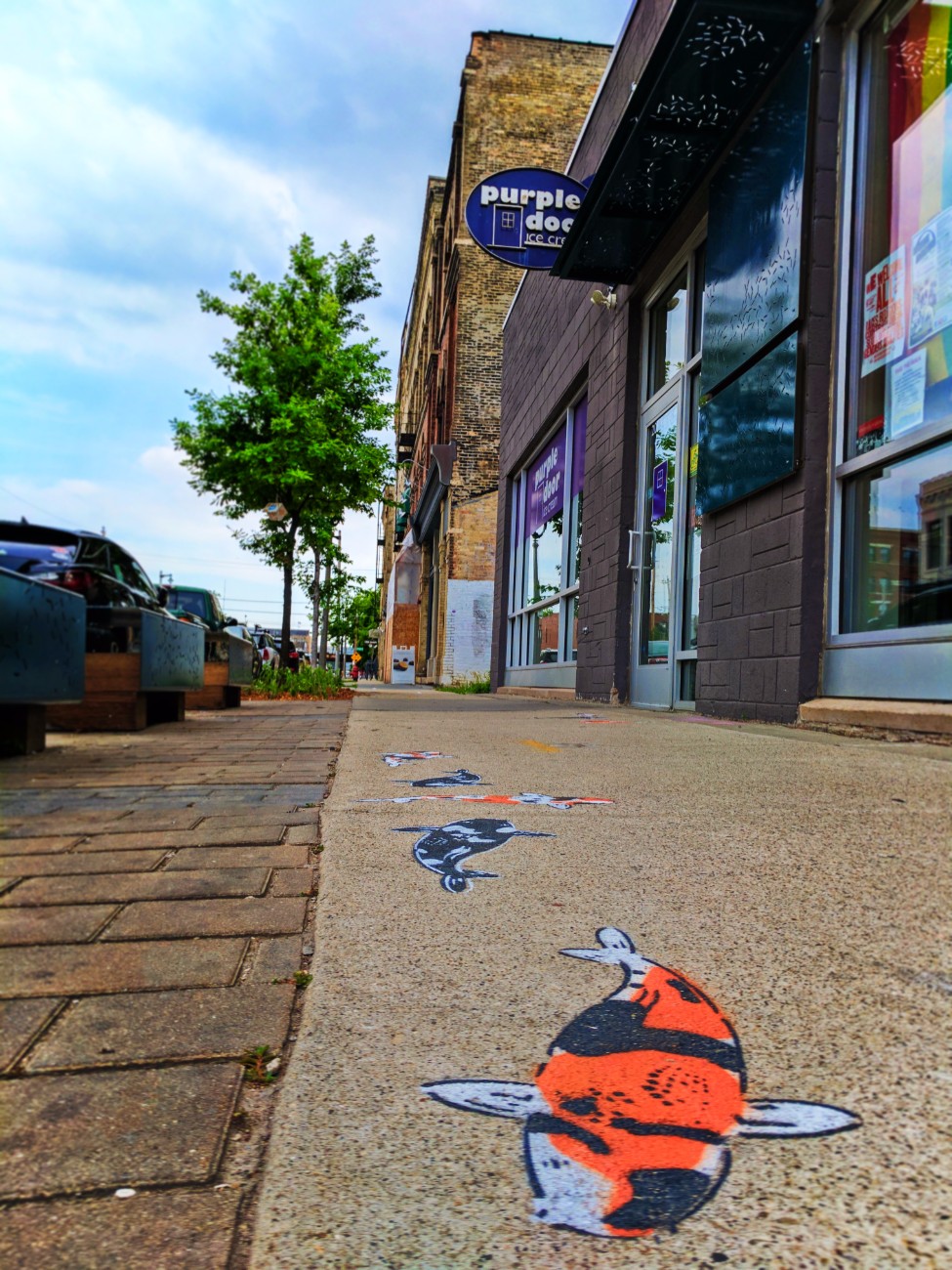 Purple Door Ice cream and koi fish street art in Historic Third Ward Downtown Milwaukee 1