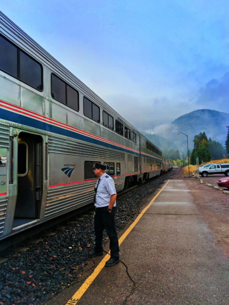 Amtrak Empire Builder arriving in West Glacier MT fall colors 1