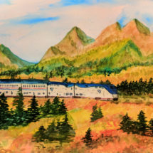 Rob Taylor Watercolor of Amtrak Empire Builder passing Glacier National Park in Fall 1