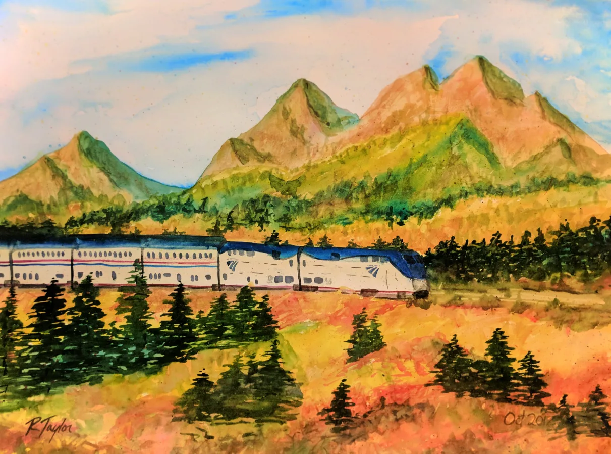 Rob Taylor Watercolor of Amtrak Empire Builder passing Glacier National Park in Fall 1