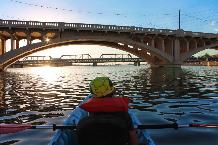 Taylor Family at Tempe Town Lake Kayaking under bridges 6