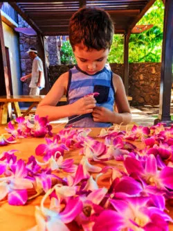 Taylor family making Leis at Aunties Beach House Disney Aulani 1