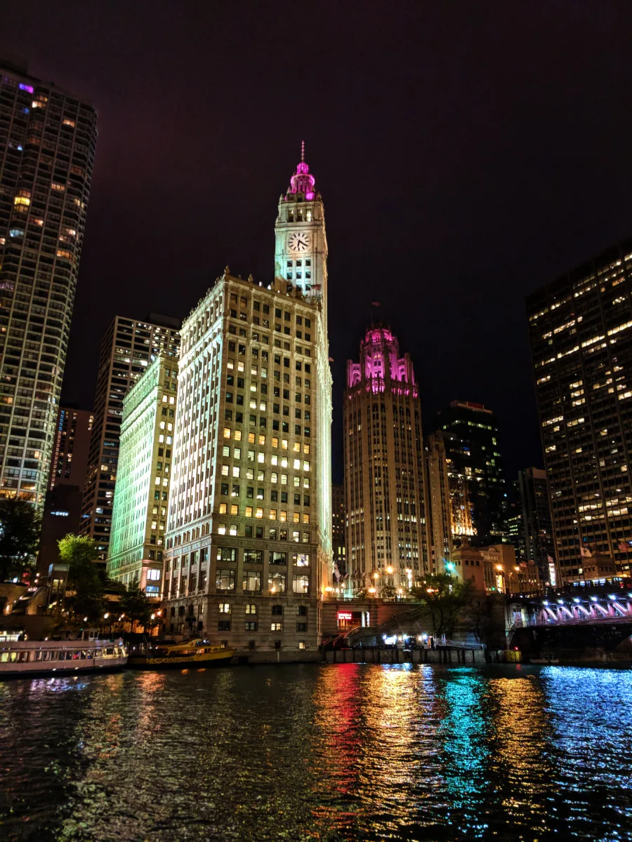 Colorful buildings on river at Night Downtown Chicago 2