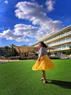 Yellow dress at Thunderbird building Universal Cabana Bay Resort Orlando 1