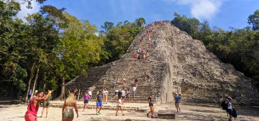 Climbing Nohoch Mul the Great pyramid at the Coba Mayan Ruins Yucatan 2