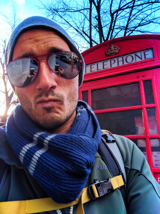 Rob Taylor with red phone booth London UK 1