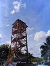 Zipline tower at entry to Cobe Ruins Archaeological Park Yucatan road trip 1