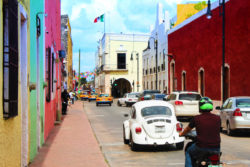 Colorful buildings and VW bug in Valladolid Yucatan road trip 1