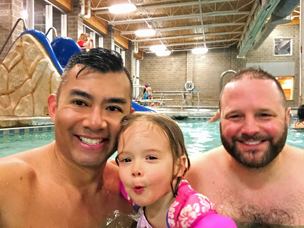 Rich SkiLikeADad family pic in Avon Rec Center Colorado 2018 3