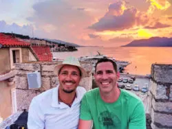 Chris and Rob Taylor at sunset from turret in Old Town Korcula Croatia 1