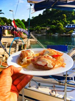 Breakfast aboard Med Sailing Holidays making port in Okuklje on Isle of Miljet Croatia 3