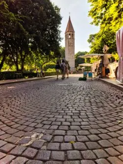 Cobblestone street with Camanile in Old Town Split Croatia 1