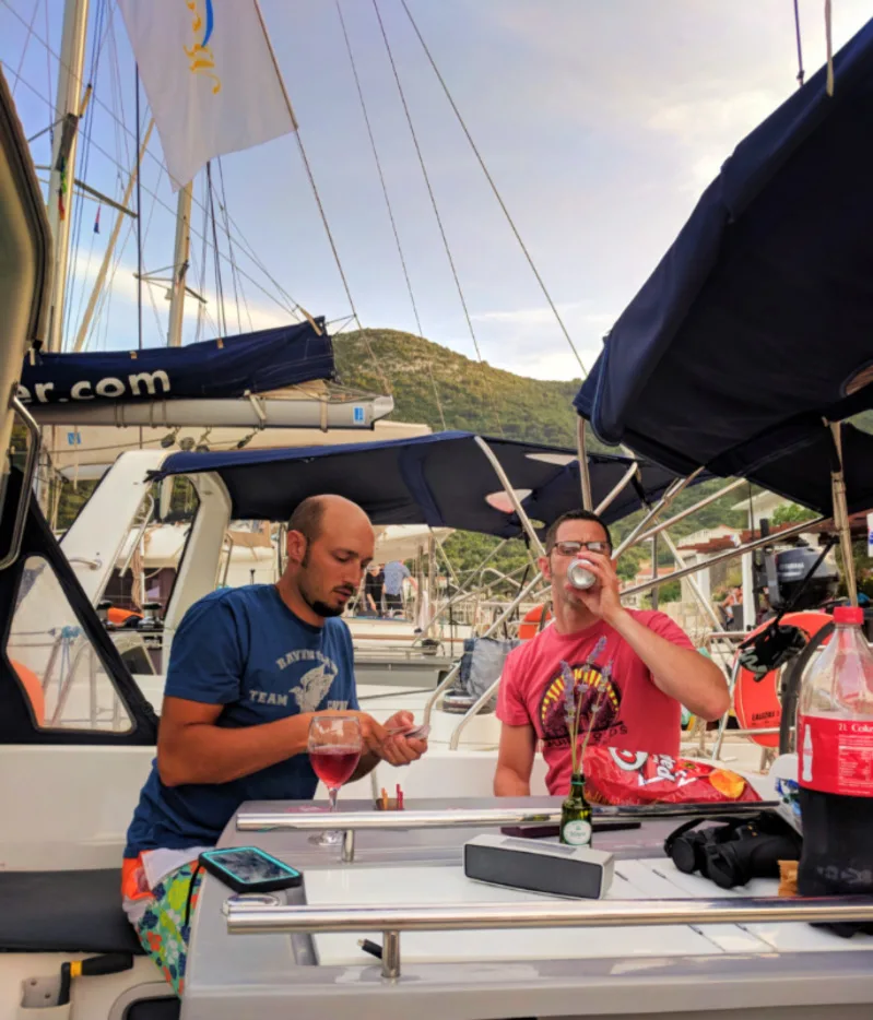 Rob and Chris Taylor on Pride Sailing Holidays in port in Okuklje on Isle of Miljet Croatia 4