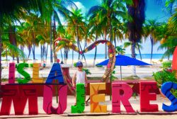 FIAB in water of Isla Mujeres colorful sign Quintana Roo Mexico 3