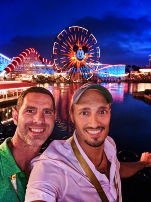 Chris and Rob at Pixar Pier at night Disneys California Adventure 1