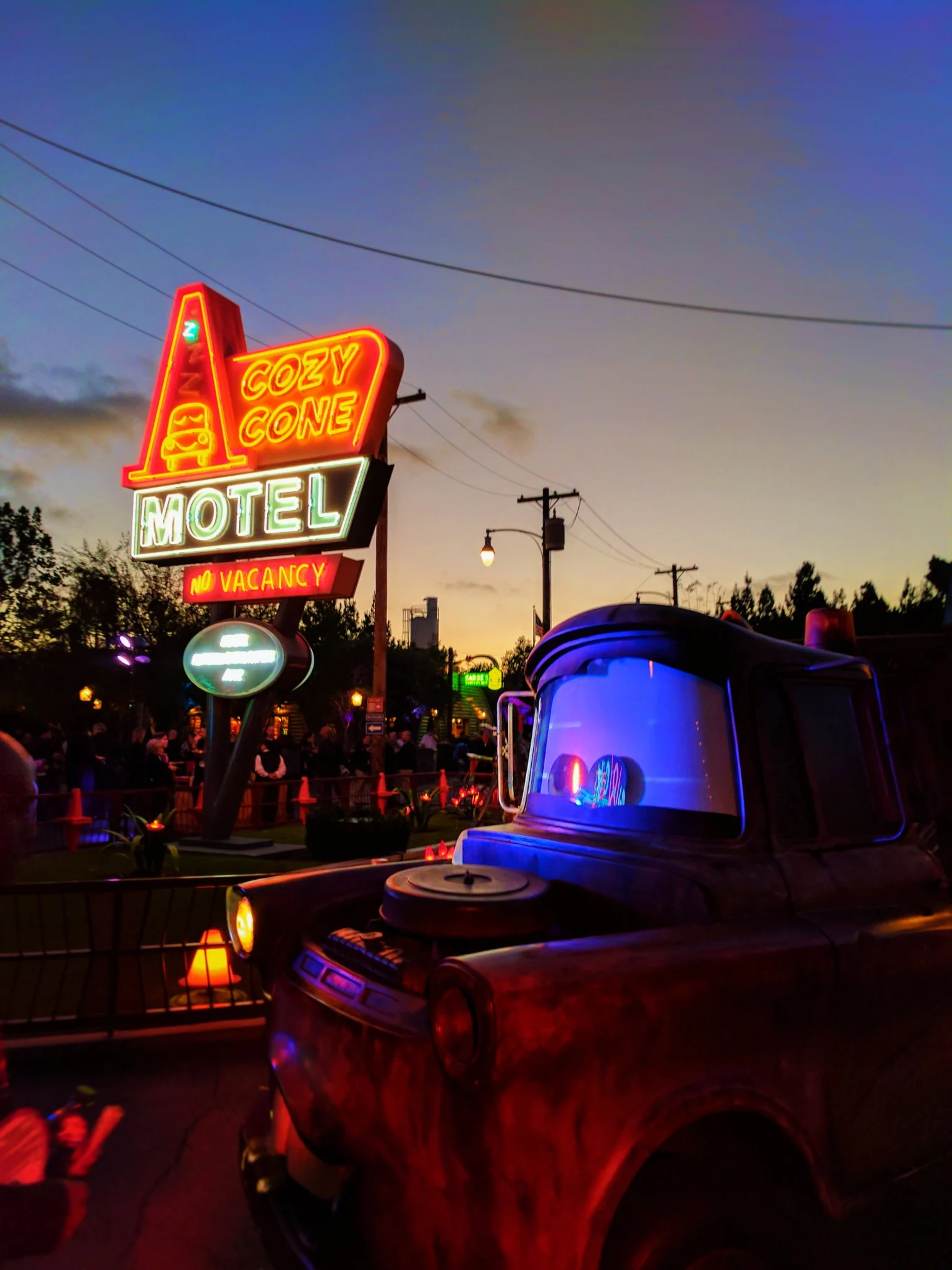 Mater Cozy Cone Cars Land at night Disneys California Adventure 1