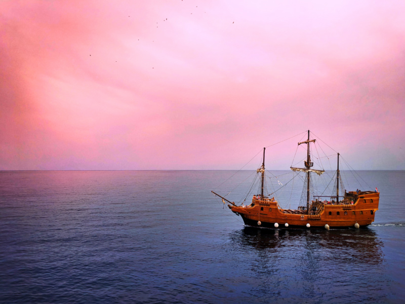 Pirate Ship sailing past Old Town Dubrovnik Croatia 1
