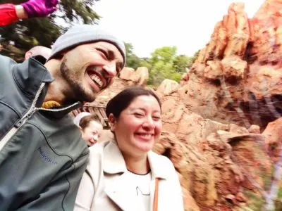 Rob Taylor and Claudia Austin in the rain on Thunder Mountain Disneyland 1