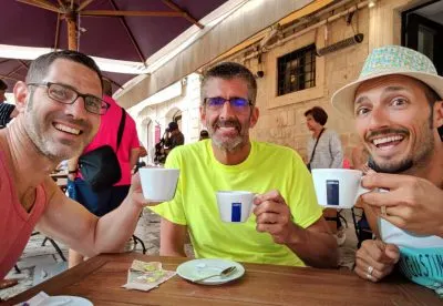 Tom and Chris and Rob Taylor drinking coffee in Old Town Dubrovnik Croatia 1