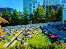 Public outdoor yoga at Olympic Sculpture Park Seattle 1
