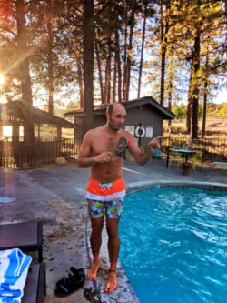 Rob Taylor by pool at LOGE Camps Entrada Bend Oregon 6