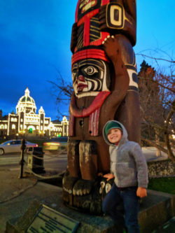 Taylor Family with Totem pole and Parliament Building at Night Inner Harbour Victoria BC 1