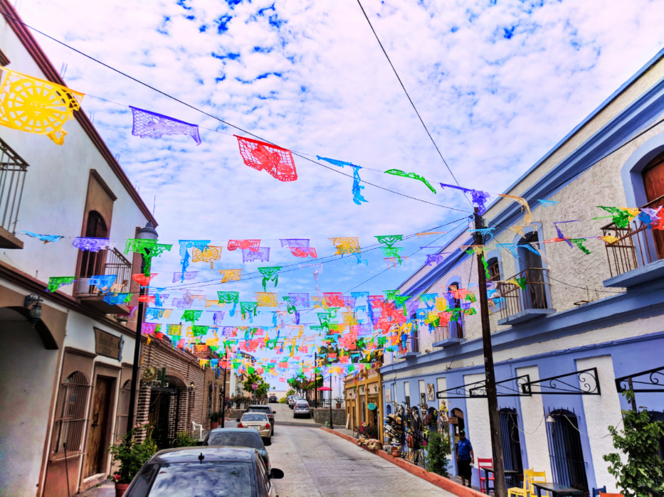 Colorful flags off plaza in Todos Santos Baja California Sur 5