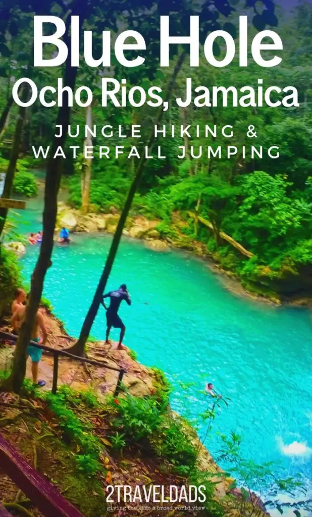 The Blue Hole in Ocho Rios, Jamaica is a great day trip or cruise excursion into the Jamaican jungle. Climbing and jumping off waterfalls, hiking along tropical rivers and swimming in turquoise jungle pools are an epic island vacation adventure. #Caribbean #cruise #hiking #jamaica