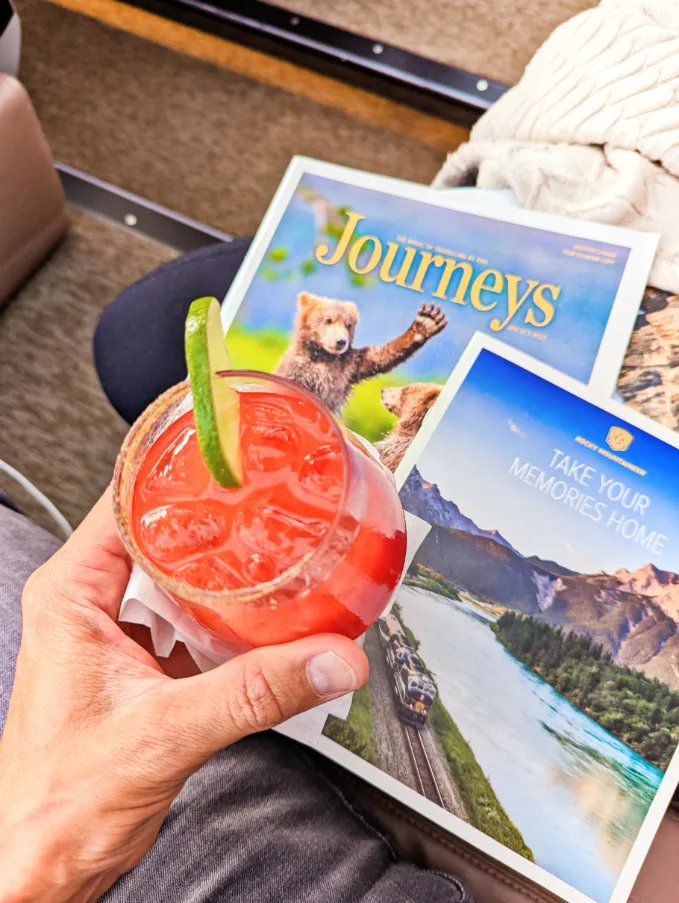 Breakfast Cocktail and Magazines on Rocky Mountaineer GoldLeaf Service First Passage to the West 1