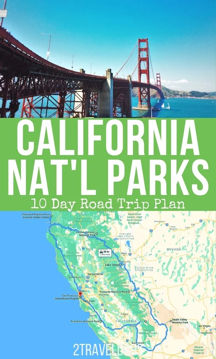 Great road trip plan through the California National Parks, from the Golden Gate Bridge to hot springs at Lassen National Volcanic Park. See Yosemite, Pinnacles Sequoia and more.