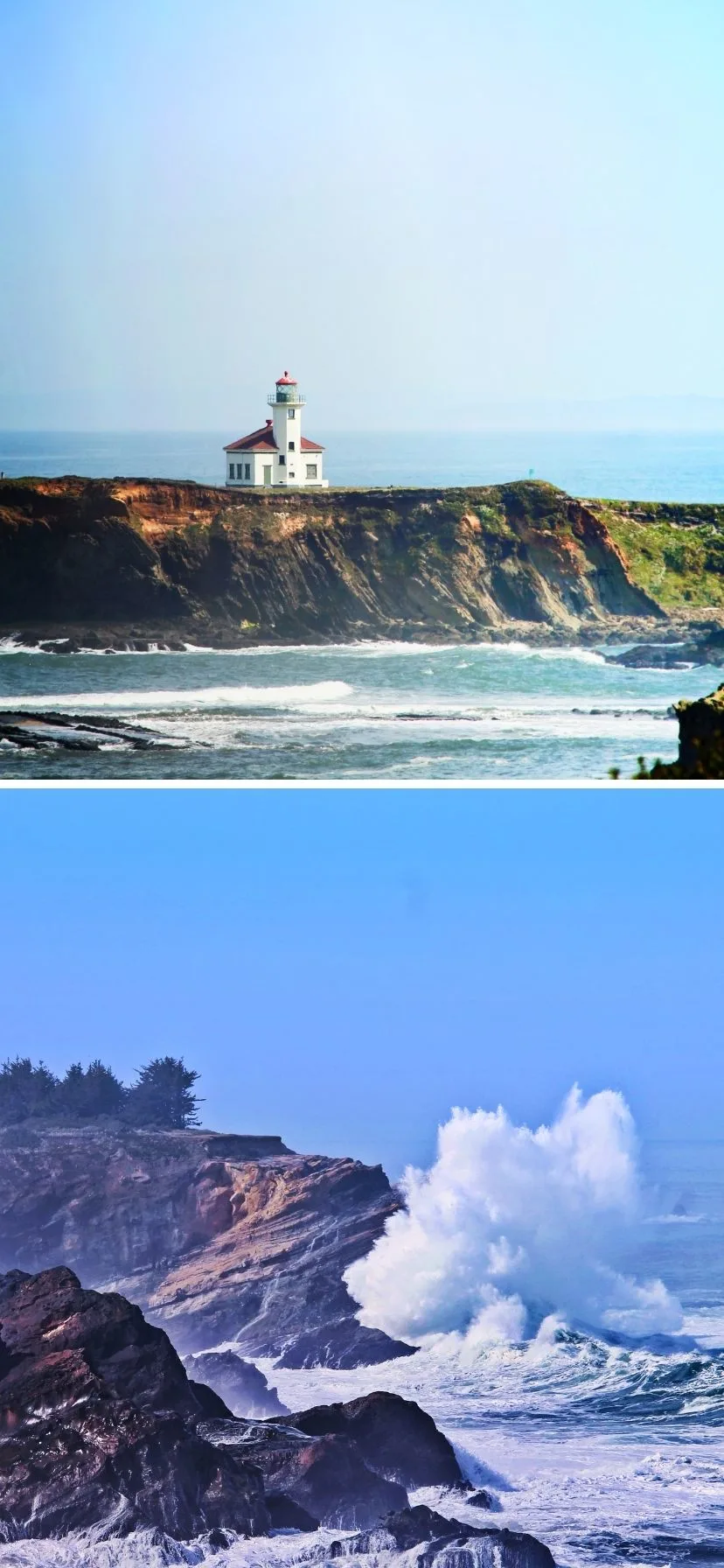 Cape Arago Lighthouse and Crashing Waves at Shore Acres Oregon Coast Road Trip