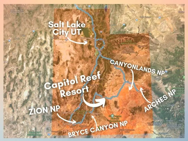 Capitol Reef and Utah National Parks Road Trip Map