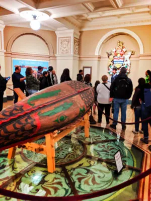 Carved First Nations Canoe on tour in Parliament Victoria BC 1