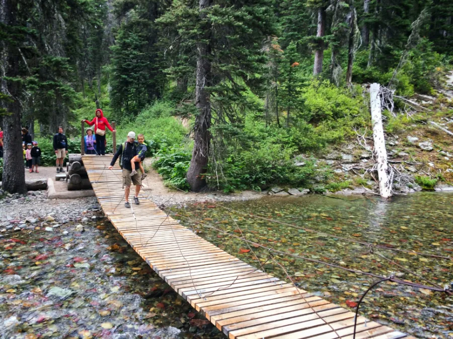 Chris Taylor and LittleMan crossing suspension bridge Glacier National Park 2